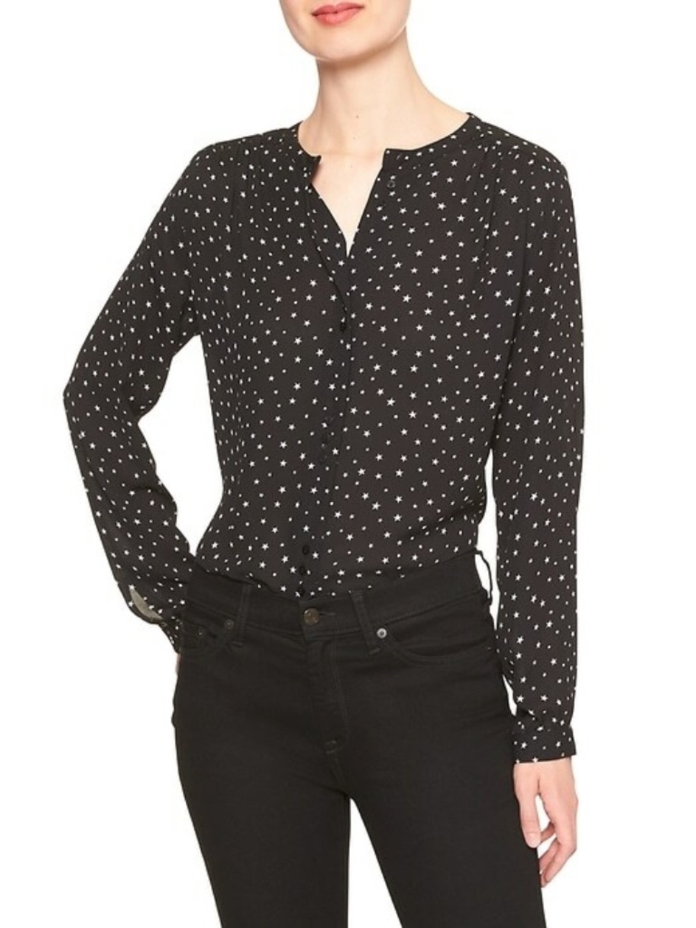 Banana Republic Factory,Micro-Star Collarless Shirt, Black, 100% Polyester, Sz S